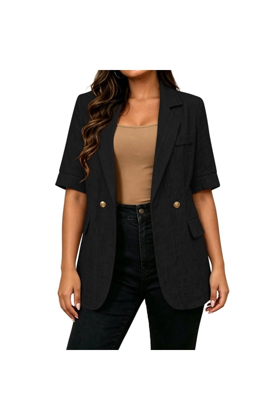 Karymi Rain Jacket Solid Short Sleeve Blazer Jacket, Lapel Double Gold Button Open Front Suit Slim Fit Coat with Fake Flap Pockets Rain Jacket