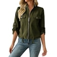 thumbnail image 1 of Karymi Rain Jacket Solid Stand Collar Zip Up Utility Jacket, Adjustable Roll Tab Long Sleeve Drawstring Hem Cropped Coat, with Snap Flap Cargo Pockets Rain Jacket, 1 of 8