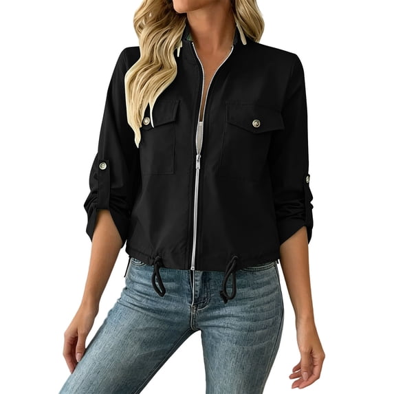 Karymi Rain Jacket Solid Stand Collar Zip Up Utility Jacket, Adjustable Roll Tab Long Sleeve Drawstring Hem Cropped Coat, with Snap Flap Cargo Pockets Rain Jacket