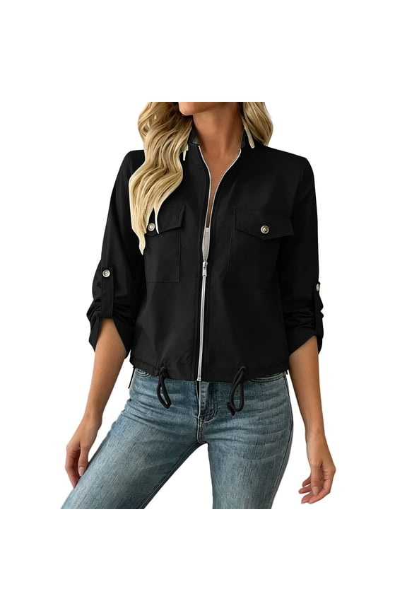 Karymi Rain Jacket Solid Stand Collar Zip Up Utility Jacket, Adjustable Roll Tab Long Sleeve Drawstring Hem Cropped Coat, with Snap Flap Cargo Pockets Rain Jacket