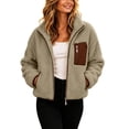 thumbnail image 1 of Karymi Rain Jacket Stand Collar Full Zip Fleece Jacket, Color Block Contrast Pocket Long Sleeve Warm Coat with Side Pockets for Fall Winter Spring Jackets for Women, 1 of 9
