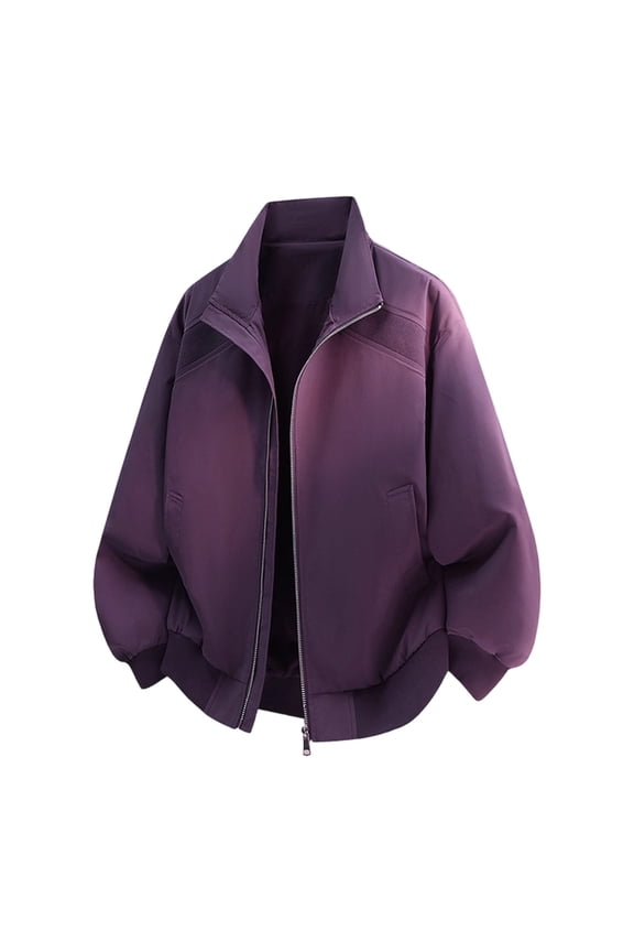 Karymi Rain Jacket Unisex Solid Spliced Panel Long Sleeve Zip Up Stand Collar Jacket, Elastic Rib Cuffs Hem Windproof Baseball Coat with Pocket Rain Jacket