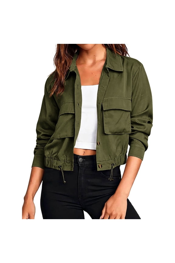 Karymi Rain Jacket Women Collared Button Down Utility Jacket, Adjustable Roll Tab Long Sleeve Drawstring Hem Cropped Coat, with Large Flap Cargo Pockets Jackets for Women