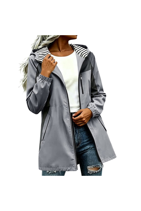 Karymi Rain Jacket Women Color Block Hooded Rain Jacket, Long Sleeve Elastic Cuff Windbreaker Coat, Mid-Length Full Zip with Striped Lining & Side Zipper Pockets Rain Jacket