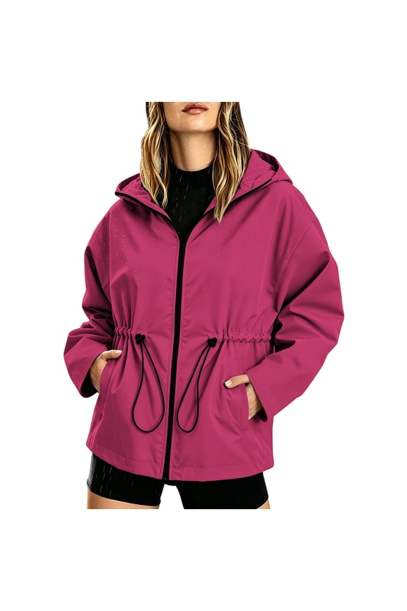 Karymi Rain Jacket Women Solid Drawstring Waist Hooded Windbreaker Jacket, Long Sleeve Elastic Cuff Outdoor Coat, Full Zip Cinch Waist Wind Jacket with Side Pockets Rain Jacket Women
