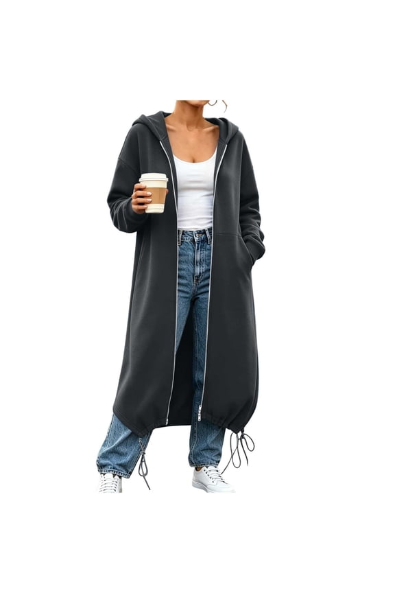 Karymi Rain Jacket Women Solid Long Hooded Zip Up Sweatshirt Cardigan, Long Sleeve Double Zipper Drawstring Hem Oversized Coat with Side Hand Pockets Jackets for Women