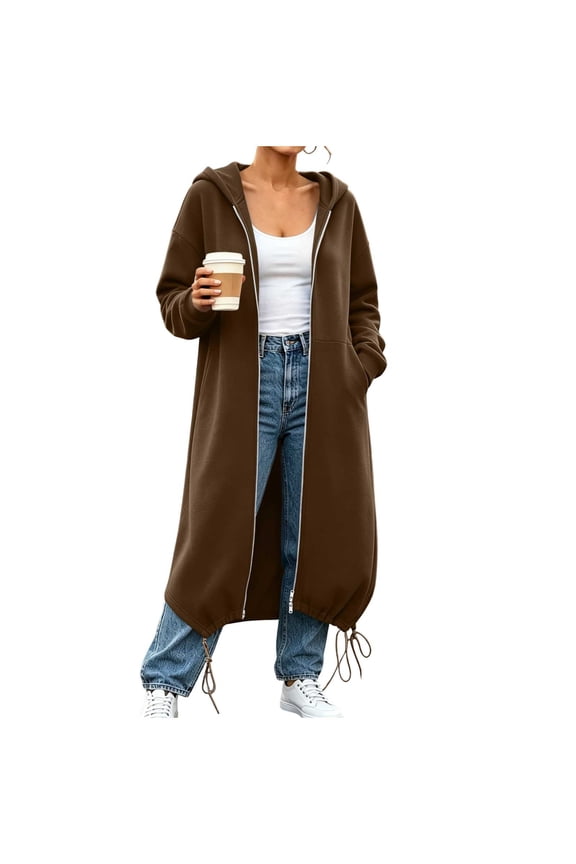 Karymi Rain Jacket Women Solid Long Hooded Zip Up Sweatshirt Cardigan, Long Sleeve Double Zipper Drawstring Hem Oversized Coat with Side Hand Pockets Rain Jacket