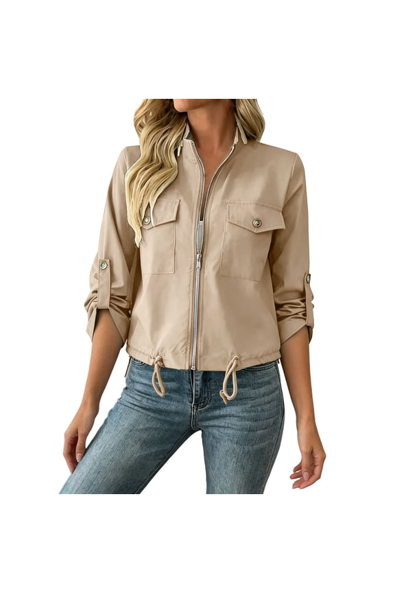 Karymi Rain Jacket Women Solid Stand Collar Zip Up Utility Jacket, Adjustable Roll Tab Long Sleeve Drawstring Hem Cropped Coat, with Snap Flap Cargo Pockets Rain Jacket Women
