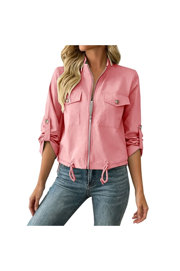 Karymi Rain Jacket Women Solid Stand Collar Zip Up Utility Jacket, Adjustable Roll Tab Long Sleeve Drawstring Hem Cropped Coat, with Snap Flap Cargo Pockets Rain Jacket