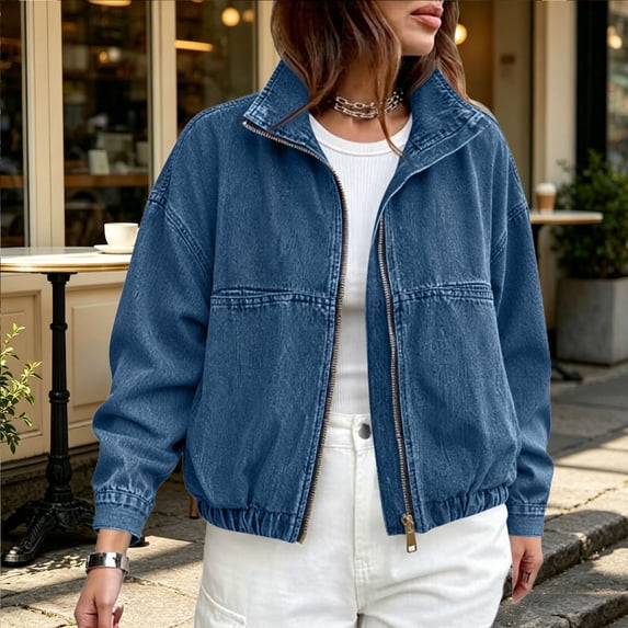 Karymi Rain Jacket Women Zip Up Stand Collar Denim Jacket, Long Sleeve Elastic Hem Jean Coat with Patch Pockets, Casual Vintage Outerwear for Spring Fall Rain Jacket Women