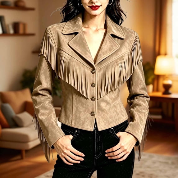 Karymi Retro Western Fringe Jackets for Women, Solid Lapel Collar ...