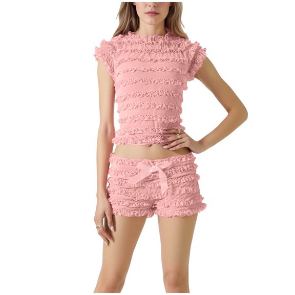 Karymi Rompers for Women 2 Piece Sweet Loungewear Set, Solid Multi Ruffle Mock Neck Cap Sleeve Crop Top & Elastic Drawstring Waist Ruffle Mini Lounge Shorts Womens T Shirts