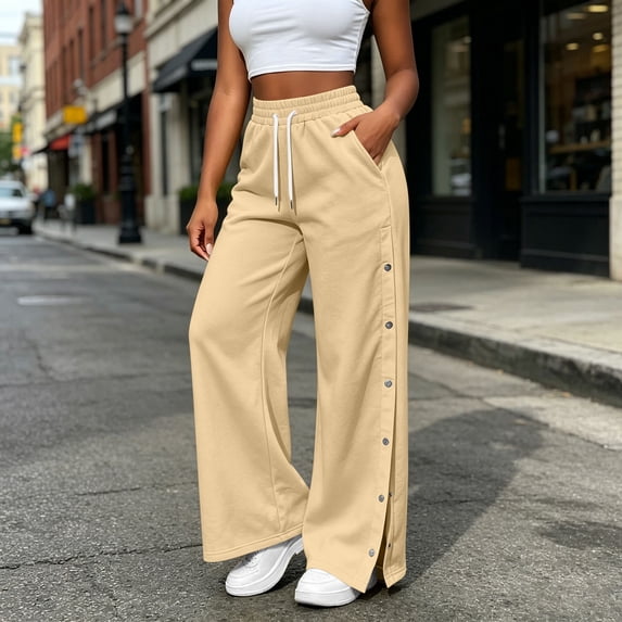 Karymi Running Shorts for Women High Waist Side Button Split Wide Leg Sweatpants, Drawstring Elastic Waist Solid Casual Track Pants with Pockets, Loose Sport Trousers Jeans for Women