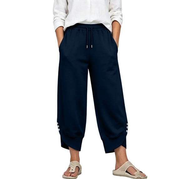 Karymi Running Shorts for Women Thick Cropped Sweatpants, Elastic Drawstring Waist Jogger Pants, Button Decor Irregular Split Hem Trousers with Side Pockets