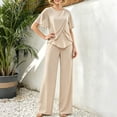 thumbnail image 1 of Karymi Shirts for Women Chiffon Spliced 2 Piece Dressy Outfit Set, Crew Neck Flutter Short Sleeve Cross Ruffle Layered Top, High Waist Straight Wide Leg Pants Blouses for Women, 1 of 6
