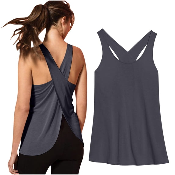 Karymi Shirts for Women Cross Back Keyhole Cutout Open Back Sleeveless Tank Top, Crew Neck Quick‑Dry Curved Hem Relaxed Athletic Top Casual Yoga Camisole Workout Tops for Women