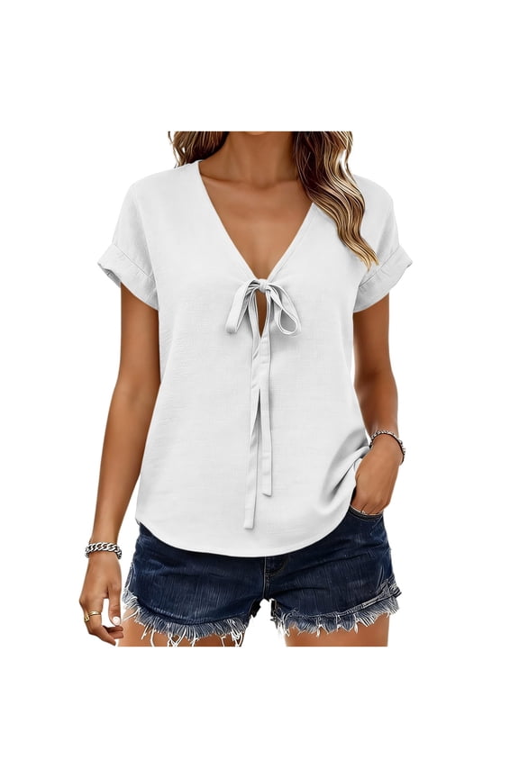 Shirts for Women Cutout Solid V Neck Front Tie Knot Rolled Short Sleeve Blouse, Loose Fit Fake Linen Cotton Blend Textured Casual Summer Top Tops for Women Trendy