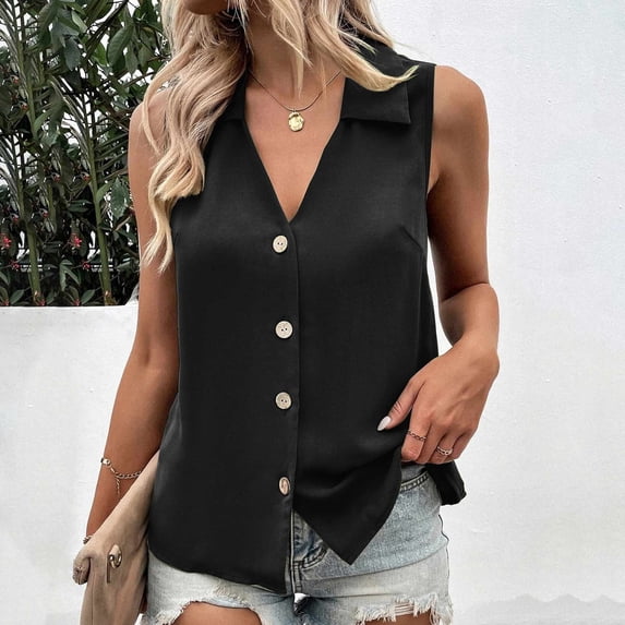 Karymi Shirts for Women Satin Collared V Neck Sleeveless Button Down Cardigan, Elegant Open Front Solid Vest, Summer Daily Work Office Open Top Summer Tops