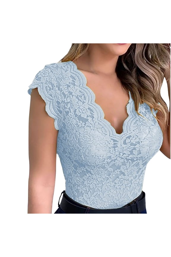 Shirts for Women Scalloped Cap Sleeve Floral Lace Deep V Body Hugging Blouse,Sheer Lace Slim Fit Elegant Night Out and Casual Daily Crop Top Womens Summer Tops