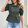 thumbnail image 1 of Karymi Shirts for Women Denim Peplum Blouse, Collar Short Sleeve Button-Down Shirt, Puff Sleeve Ruffled Hem Babydoll Top Workout Tops for Women, 1 of 9