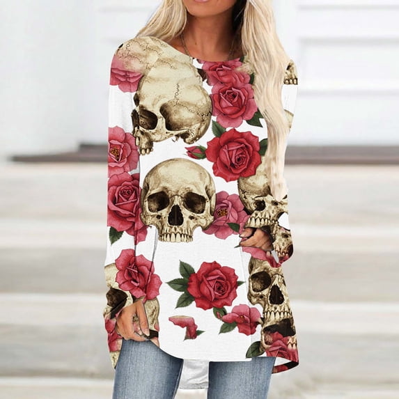 Karymi Shirts for Women Halloween Full Print Raglan Long Sleeve Tunic Tee, Casual Scoop Neck Loose Pullover Womens Tops