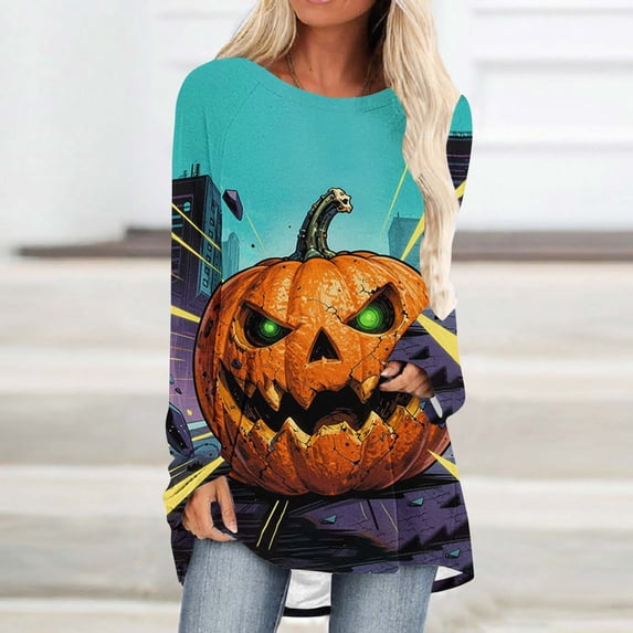 Karymi Shirts for Women Halloween Full Print Raglan Long Sleeve Tunic Tee, Casual Scoop Neck Loose Pullover Womens Tops