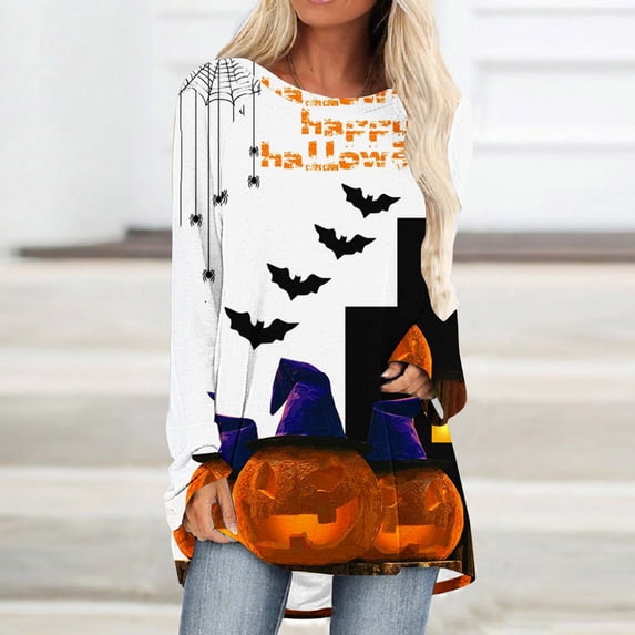 Karymi Shirts for Women Halloween Full Print Raglan Long Sleeve Tunic Tee, Casual Scoop Neck Loose Pullover Womens Tops
