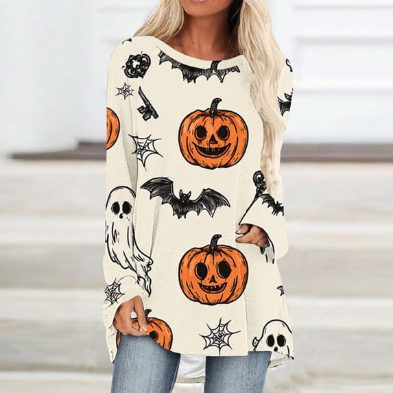 Karymi Shirts for Women Halloween Full Print Raglan Long Sleeve Tunic Tee, Casual Scoop Neck Loose Pullover Womens Tops