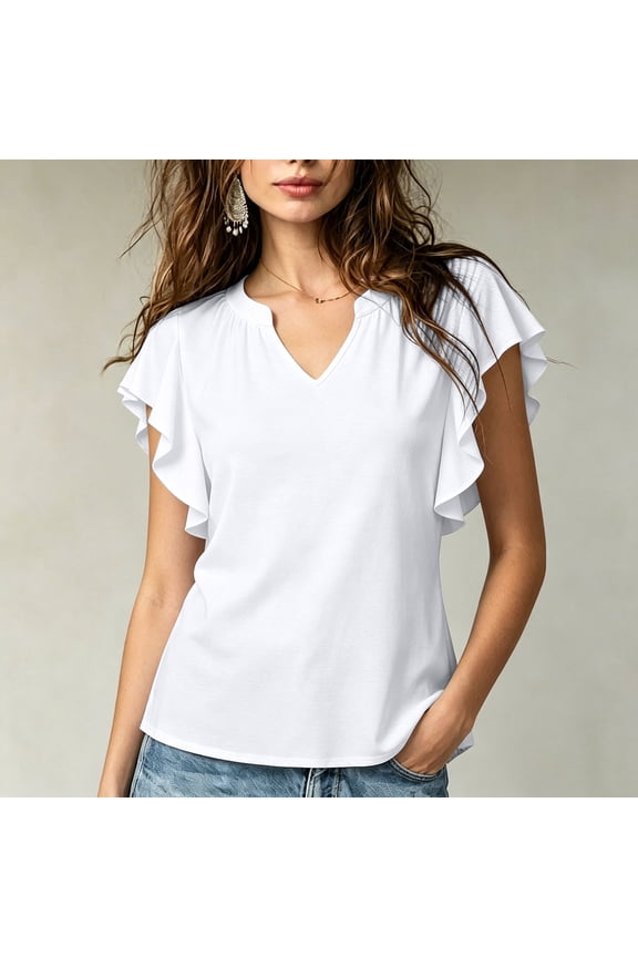 Shirts for Women Solid Notched V Neck Blouse, Ruffle Flutter Short Sleeve Casual Lightweight Shift Top Womens Blouses
