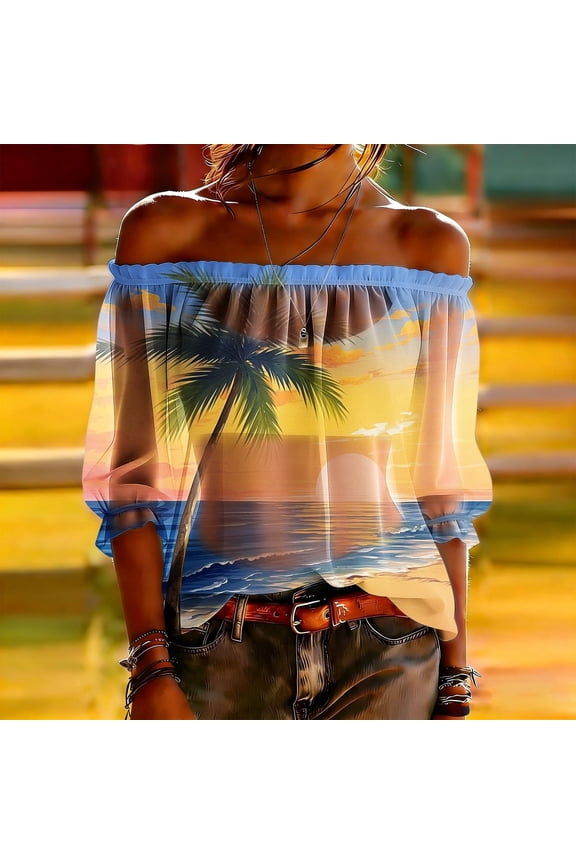 Short Sleeve Shirts for Women Solid and Tropical Print Off-Shoulder Sheer Chiffon Blouse, Elbow Sleeve Ruffle Trim Sheer Top Cover-Up Top Shirts for Women