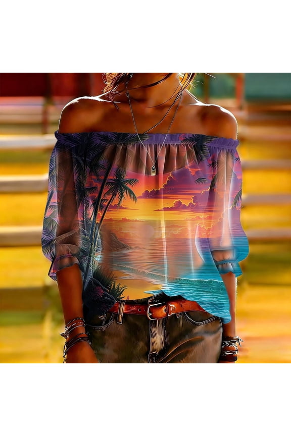 Short Sleeve Shirts for Women Solid and Tropical Print Off-Shoulder Sheer Chiffon Blouse, Elbow Sleeve Ruffle Trim Sheer Top Cover-Up Top Going Out Tops