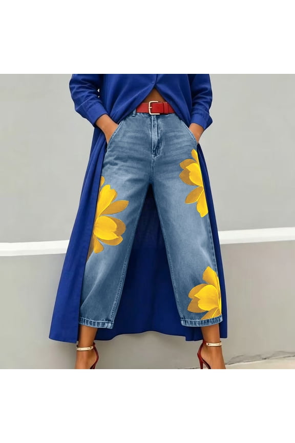 Shorts for Women High Waist Floral Print Denim Capri Pants, Large Red Flower Pattern Loose Wide Leg Cropped Denim Trousers with Side Pockets Womens Shorts
