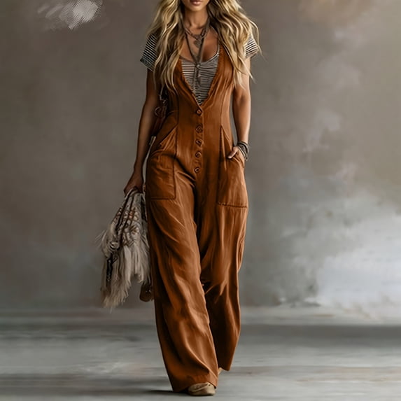 Karymi Shorts for Women Sleeveless V Neck Wide Leg Jumpsuit, Front Button Placket Long Overalls, Dual Side Patch Pockets Vacation Romper Pants Jean Shorts