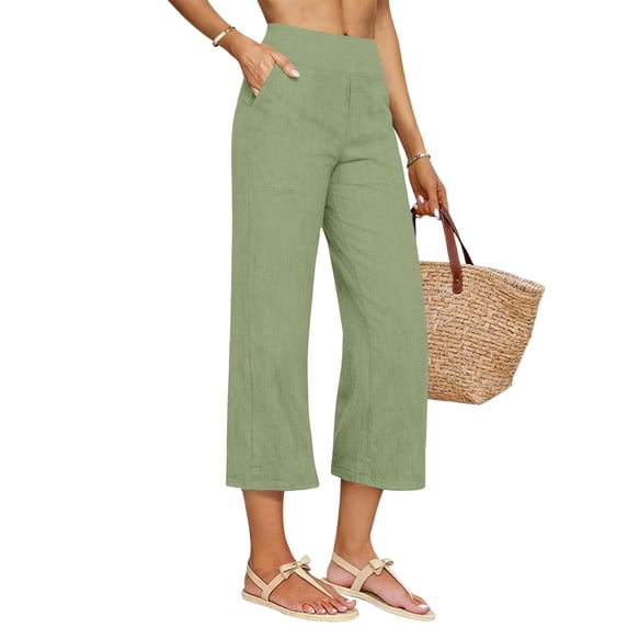 Karymi Shorts for Women Solid Natural Linen High Waist Front Stitched Patch Pocket Relaxed Straight Leg Cropped Casual Culotte Pants with Side Pockets Workout Shorts Women