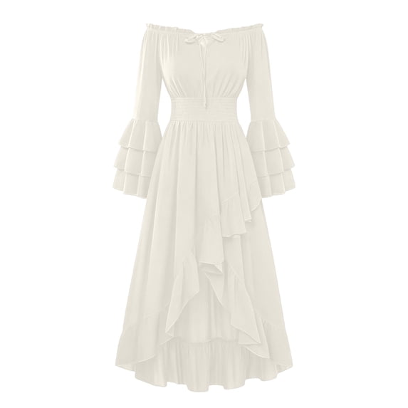 Karymi Off Shoulder Maxi Dress, Ruffle Trim Drawstring Tiered Bell Sleeve Smocked Waist Irregular Ruffle Flowy Halloween Party Gown Spring Dresses for Women 2026