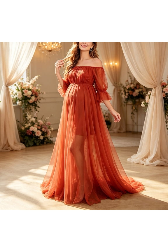 Off Shoulder Short Puff Sleeve Maternity Tulle Maxi Gown, Flowy Chiffon Tulle Split Pregnancy Dress, Formal Photography Long Dress Easter Dresses for Women 2026