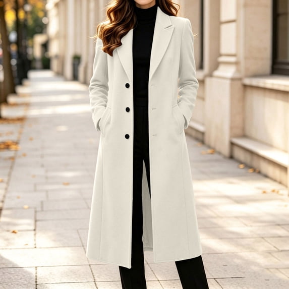 Karymi Single‑Breasted Long Wool‑Blend Jackets for Women, Notched Lapel Collar Elegant Casual Fall Winter Outerwear with Side Pockets