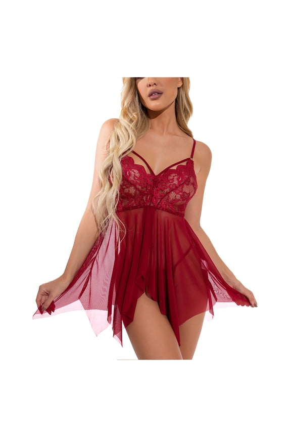 Sleep Dress Deep V Neck Floral Lace Lingerie Set, Thin Spaghetti Strap Sleeveless Asymmetrical Hem Sheer Mesh Mini Slip Nightgown with G-String Women Nightgown