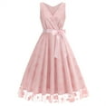 thumbnail image 1 of Karymi Sleeveless V Neck Floral Flocked Tulle Midi Dress, Self Belt Bow Wrap Front Vintage Hepburn Swing Cocktail Party Evening Gown Dresses for Women, 1 of 6