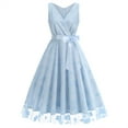 thumbnail image 1 of Karymi Sleeveless V Neck Floral Flocked Tulle Midi Dress, Self Belt Bow Wrap Front Vintage Hepburn Swing Cocktail Party Evening Gown Easter Dress, 1 of 6