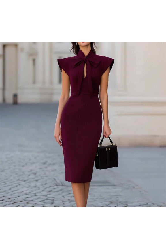 Solid Bow Tie Mock Neck Cap Sleeve Midi Bodycon Dress, Keyhole Front Slim Pencil Dress Elegant Office Business Party Dress Dresses for Women