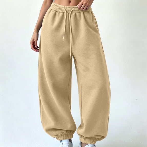 Karymi Solid Casual Sweatpants Women, Balloon Long Pants, Drawstring Elastic Waist Relaxed Fit Elastic Cuffs with Side Pockets