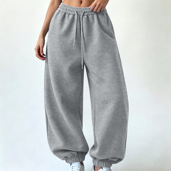 Karymi Solid Casual Sweatpants Women, Balloon Long Pants, Drawstring Elastic Waist Relaxed Fit Elastic Cuffs with Side Pockets