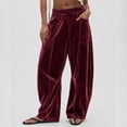 thumbnail image 1 of Karymi Solid Casual Velvet Wide Leg Pants Woman, Elastic Drawstring Waist Long Trousers with Cargo Pockets, 1 of 6