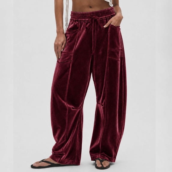 Karymi Solid Casual Velvet Wide Leg Pants Woman, Elastic Drawstring Waist Long Trousers with Cargo Pockets