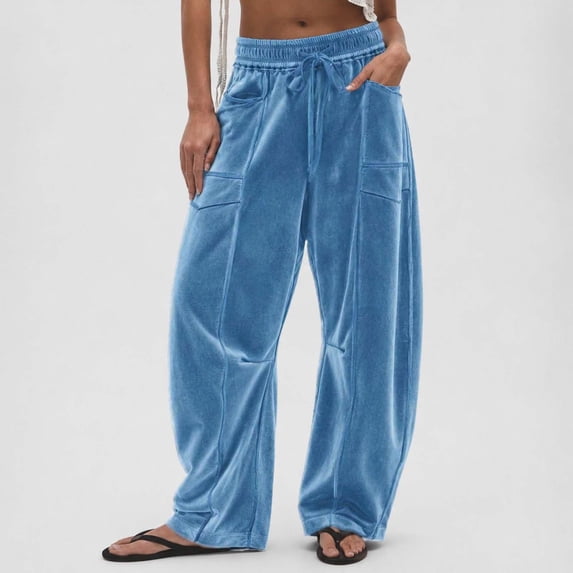 Karymi Solid Casual Velvet Wide Leg Pants Woman, Elastic Drawstring Waist Long Trousers with Cargo Pockets