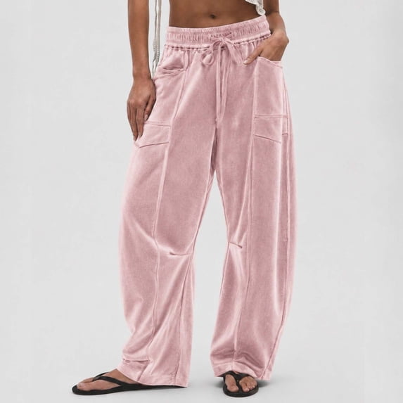 Karymi Solid Casual Velvet Wide Leg Pants Woman, Elastic Drawstring Waist Long Trousers with Cargo Pockets