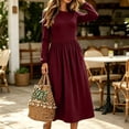 thumbnail image 1 of Karymi Solid Crew Neck Long Sleeve Midi Dress, Elastic Cuff Gathered Empire Waist Side Pockets Daily Fall Winter Sundress Spring Dresses for Women, 1 of 7