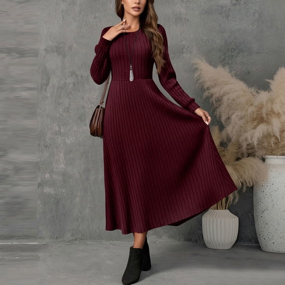 Karymi Solid Crew Neck Long Sleeve Midi Sweater Dress, Vertical Ribbed Brushed Knit High Waist Flowy A-Line Fall Winter Swing Sundress Spring Dresses for Women
