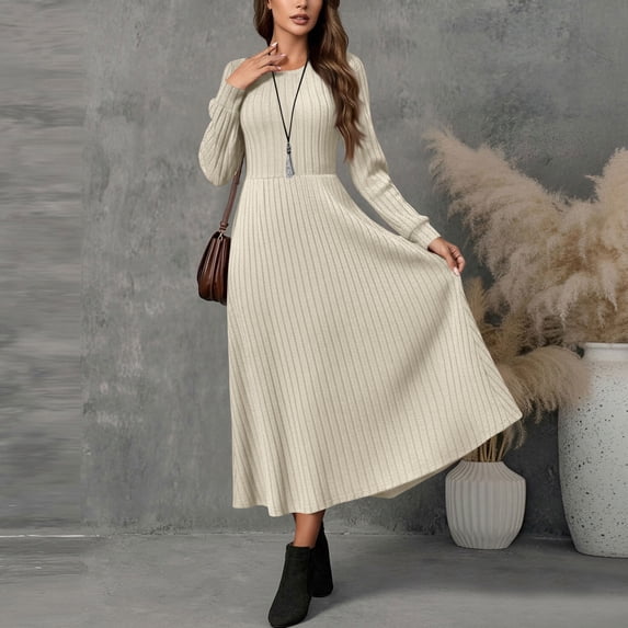 Karymi Solid Crew Neck Long Sleeve Midi Sweater Dress, Vertical Ribbed Brushed Knit High Waist Flowy A-Line Fall Winter Swing Sundress Wedding Guest Dresses for Women